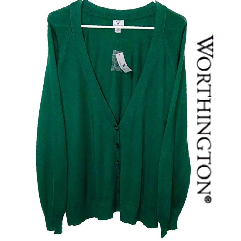WORTHINGTON WOMAN Beautiful Christmas Green Button Up Lightweight Cardigan Sz 1X